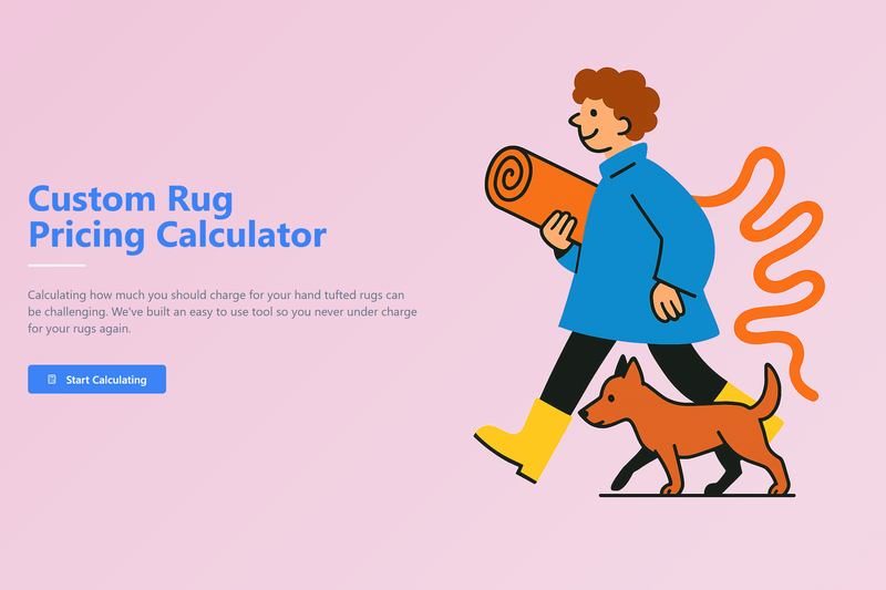 Illustration of a person with a dog holding a rug, with text about a custom rug pricing calculator on a pink background.